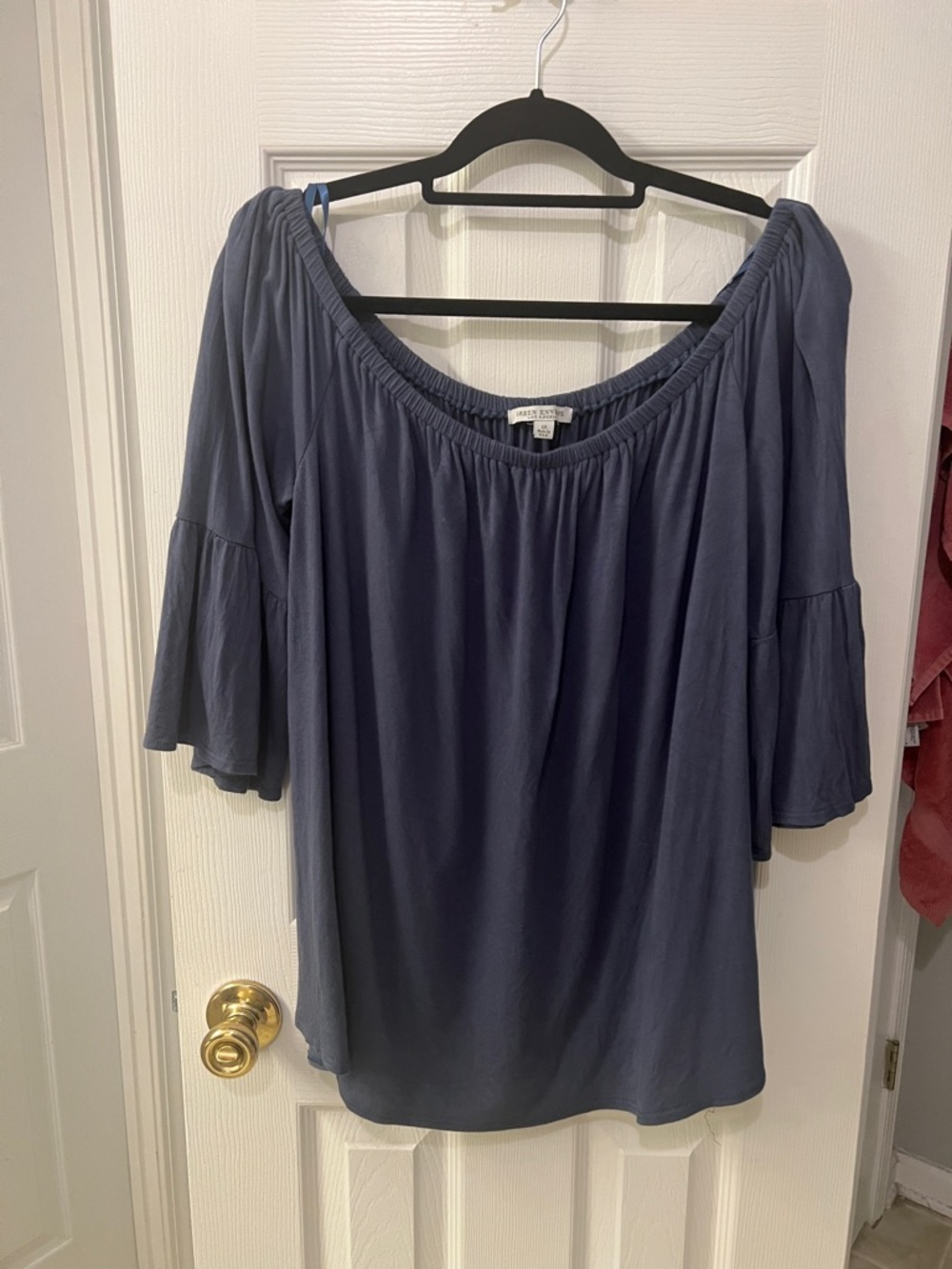 Green Envelope Slate Blue Off-Shoulder Bell Sleeve Tunic
